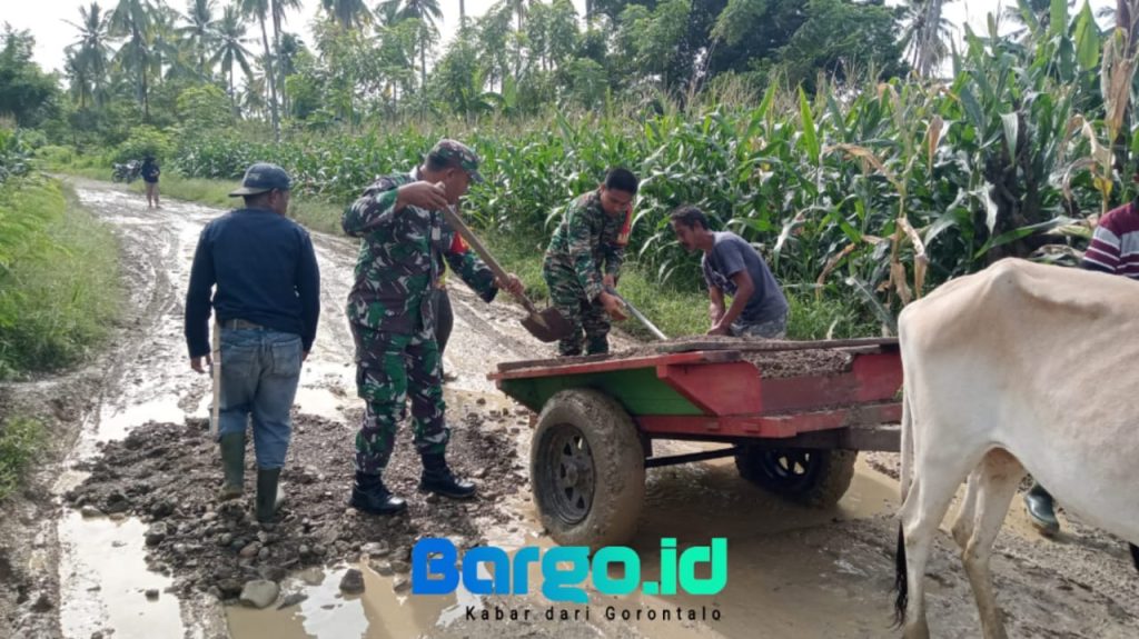 Babinsa Koramil Popayato Jadi Teladan, Turun Langsung Perbaiki Jalan Desa Dambalo