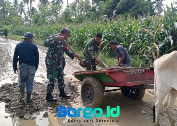 Babinsa Koramil Popayato Jadi Teladan, Turun Langsung Perbaiki Jalan Desa Dambalo