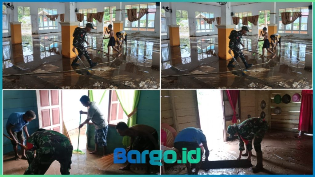 100 Personel Kodim 1313/Pohuwato Diterjukan ke Desa Tuweya Bantu Pembersihan Fasilitas Umum Pasca Banjir