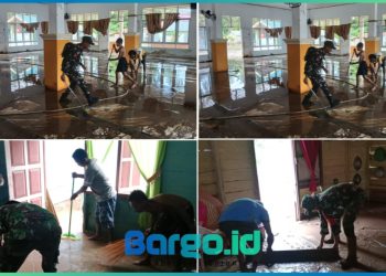 100 Personel Kodim 1313/Pohuwato Diterjukan ke Desa Tuweya Bantu Pembersihan Fasilitas Umum Pasca Banjir